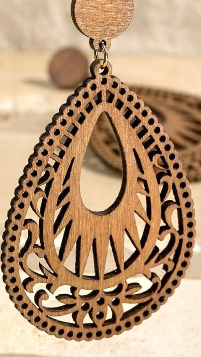 Boho Wood Dangling Earrings For Women - Natural Wood Statement Jewelry With Gold Trim